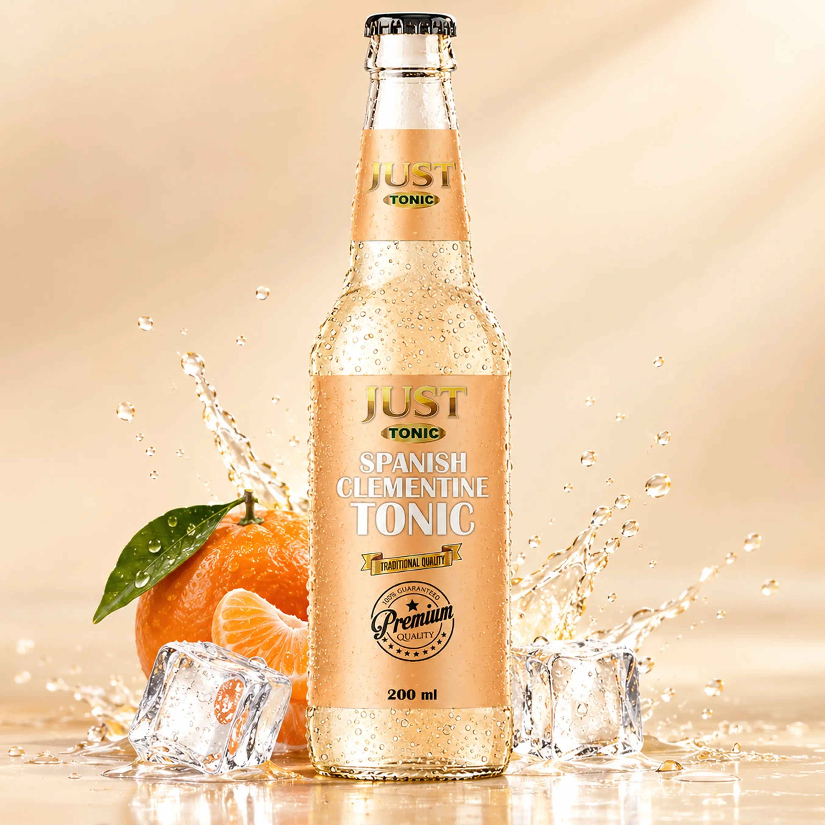 JUST Tonic Spanish Clementine Tonic 200ml glass bottle with fresh clementine, green leaves, ice cubes, and sparkling water splashes.